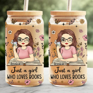 Girl Lost In The World Of Words And Pages - Personalized Custom Glass Cup, Iced Coffee Cup - Gift For Book Lovers