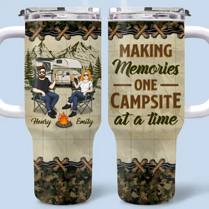 Our Love Story Is A Journey - Camping Personalized Custom 40 Oz Stainless Steel Tumbler With Handle - Gift For Husband Wife, Camping Lovers