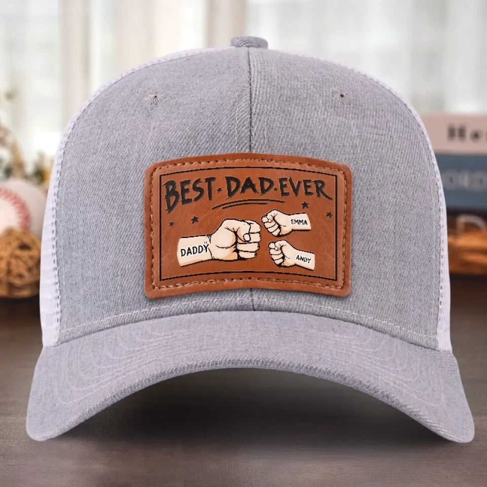 Best Papa Ever - Family Personalized Custom Leather Patch Hat - Gift For Dad, Grandpa