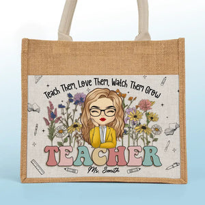 Teaching Is A Work Of Heart - Teacher Personalized Custom Tote Gift Bags, Jute Tote Bags, Beach Bags - Gift For Teacher