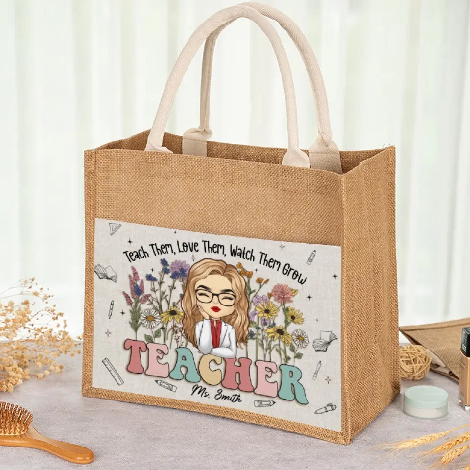 Teaching Is A Work Of Heart - Teacher Personalized Custom Tote Gift Bags, Jute Tote Bags, Beach Bags - Gift For Teacher