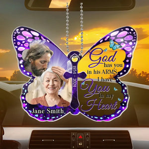 Custom Photo God Has You In His Arms - Memorial Personalized Custom Car Ornament - Acrylic Custom Shaped - Sympathy Gift For Family Members