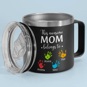 These Hands Hold Your Heart Forever - Family Personalized Custom 14oz Stainless Steel Tumbler With Handle - Gift For Mom, Grandma