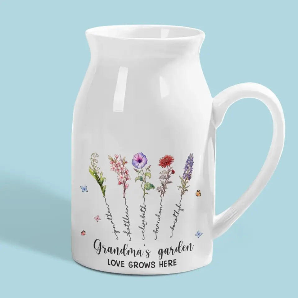 A Garden Of Love Grows In A Grandmother's Heart - Family Personalized Custom Home Decor Flower Vase - Mother's Day, House Warming Gift For Mom, Grandma