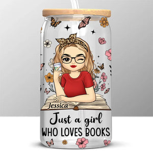 Girl Lost In The World Of Words And Pages - Personalized Custom Glass Cup, Iced Coffee Cup - Gift For Book Lovers