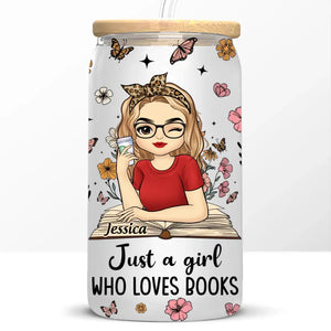 Girl Lost In The World Of Words And Pages - Personalized Custom Glass Cup, Iced Coffee Cup - Gift For Book Lovers