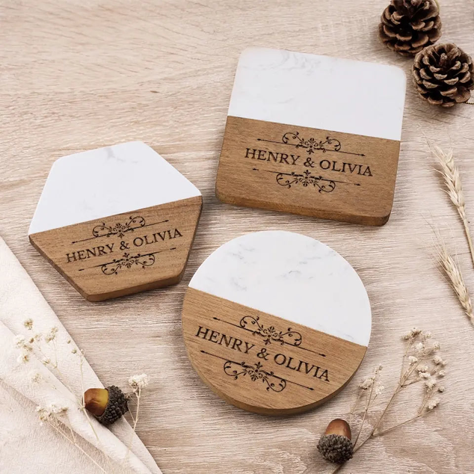 Together Is A Wonderful Place To Be - Couple Personalized Custom Marble Wood Coaster - Gift For Husband Wife, Anniversary