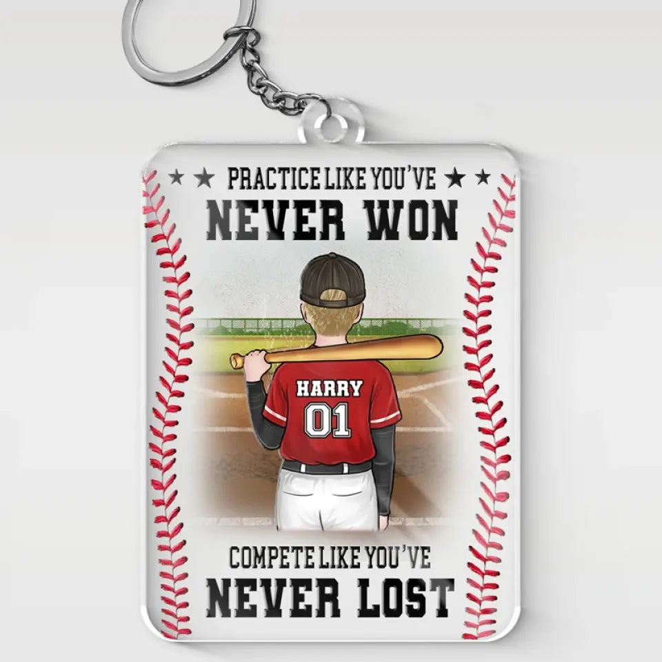 Practice With Humility, Not Hubris - Family Personalized Custom Shaped Acrylic Keychain - Gift For Family Members, Baseball Players, Baseball Lovers