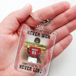 Practice With Humility, Not Hubris - Family Personalized Custom Shaped Acrylic Keychain - Gift For Family Members, Baseball Players, Baseball Lovers