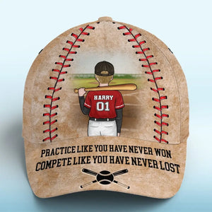 Practice Like You Have Never Won - Family Personalized Custom Hat, All Over Print Classic Cap - Gift For Family Members, Baseball Players, Baseball Lovers