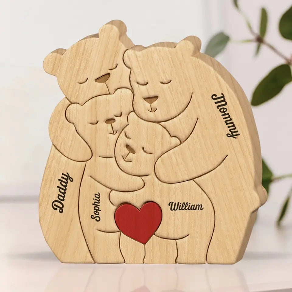 My Family - Family Personalized Custom Bear Shaped Wooden Art Puzzle - Wooden Pet Carvings, Wood Sculpture Table Ornaments, Carved Wood Decor - Gift For Family Members