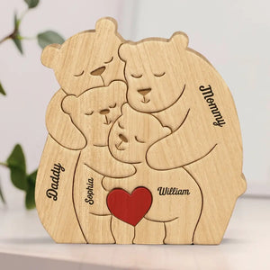 My Family - Family Personalized Custom Bear Shaped Wooden Art Puzzle - Wooden Pet Carvings, Wood Sculpture Table Ornaments, Carved Wood Decor - Gift For Family Members