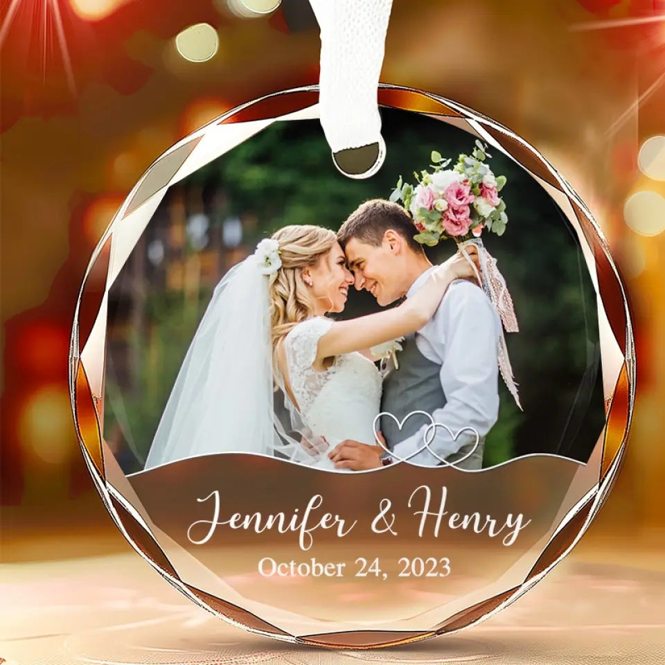 Custom Photo Love At First Sight, Soulmates Forever - Couple Personalized Custom Circle Glass Ornament - Gift For Husband Wife, Anniversary