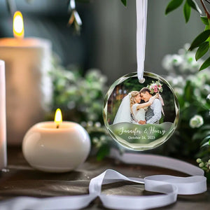 Custom Photo Love At First Sight, Soulmates Forever - Couple Personalized Custom Circle Glass Ornament - Gift For Husband Wife, Anniversary