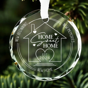 New Home New Beginning New Memories - Couple Personalized Custom Circle Glass Ornament - Gift For Husband Wife, Anniversary