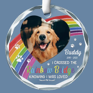 Custom Photo A Piece Of My Heart Is At The Rainbow Bridge - Memorial Personalized Custom Circle Glass Ornament - Sympathy Gift For Pet Owners, Pet Lovers