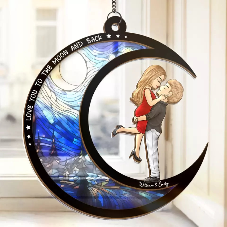 Love You To The Moon And Back - Couple Personalized Window Hanging Suncatcher - Gift For Husband Wife, Anniversary