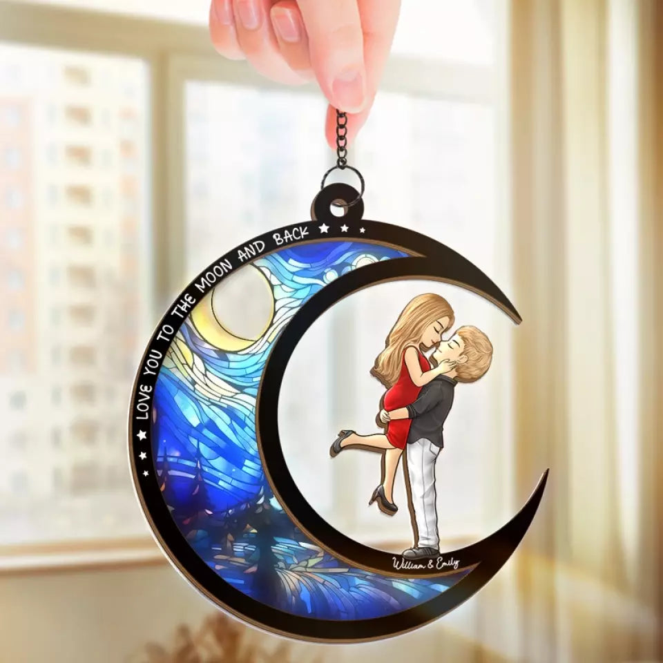 Love You To The Moon And Back - Couple Personalized Window Hanging Suncatcher - Gift For Husband Wife, Anniversary