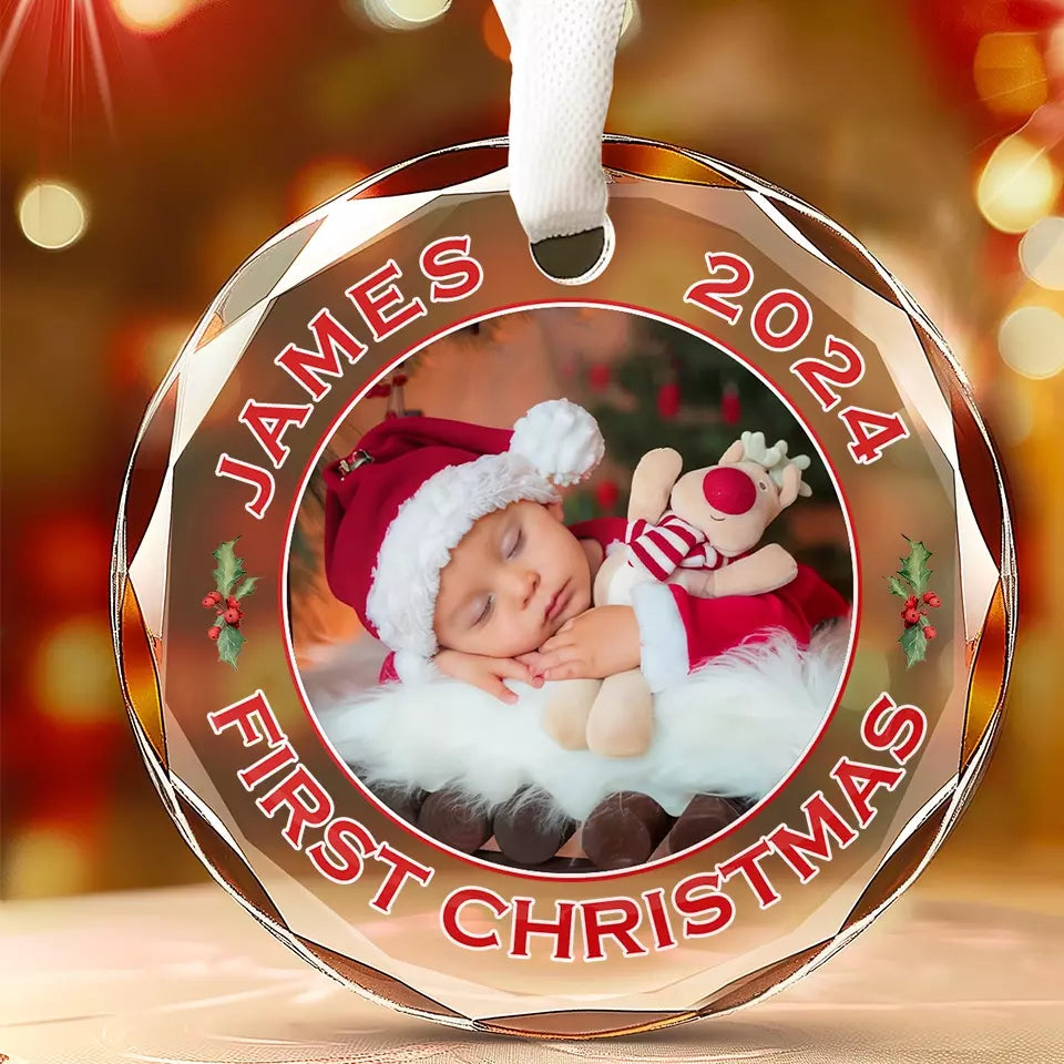 Custom Photo A Newborn's Premier Christmas - Family Personalized Custom Circle Glass Ornament - Christmas Gift For Baby Kids, Newborn Baby