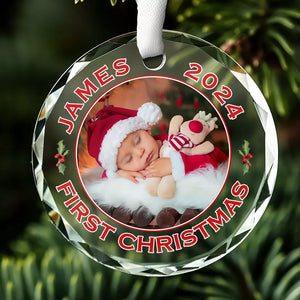 Custom Photo A Newborn's Premier Christmas - Family Personalized Custom Circle Glass Ornament - Christmas Gift For Baby Kids, Newborn Baby