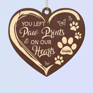 You Left Paw Prints On Our Hearts - Memorial Personalized Custom Leather Ornament - Christmas Gift, Sympathy Gift For Pet Owners, Pet Lovers