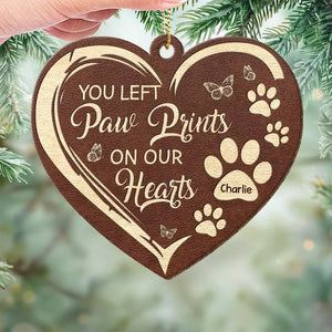 You Left Paw Prints On Our Hearts - Memorial Personalized Custom Leather Ornament - Christmas Gift, Sympathy Gift For Pet Owners, Pet Lovers