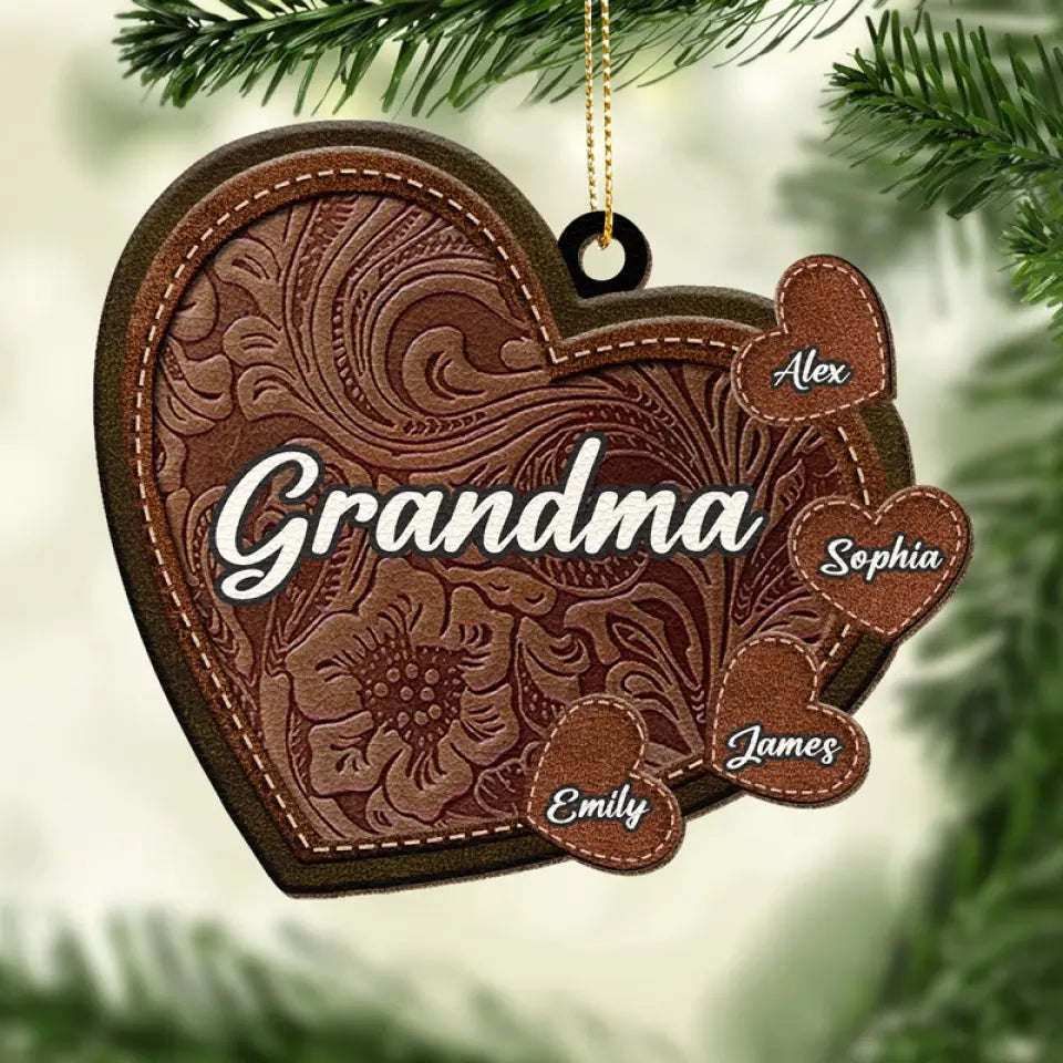 Grandmothers Are The Heart Of The Family - Family Personalized Custom Leather Ornament - Christmas Gift For Grandma