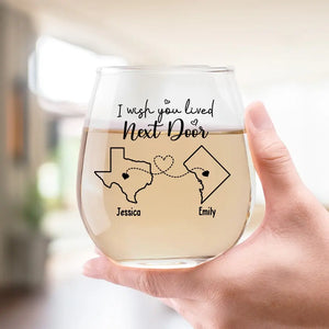 Never Too Far To Wine Together - Bestie Personalized Custom Wine Glass - Gift For Best Friends, BFF, Sisters