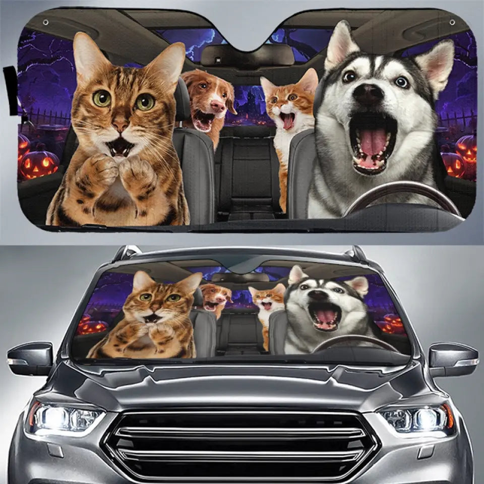 Custom Photo Pets Are Family, They Make Life Brighter - Dog & Cat Personalized Custom Auto Windshield Sunshade, Car Window Protector - Halloween Gift For Pet Owners, Pet Lovers