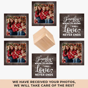 Custom Photo Family Where Life Begins & Love Never Ends - Family Personalized Custom Wooden Cube Ornament - Christmas Gift For Family Members