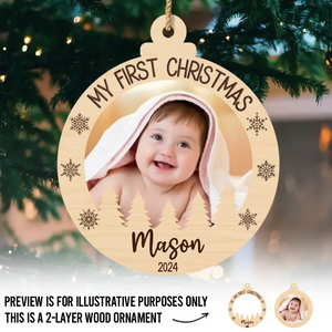 Custom Photo First Christmas Snuggles, First Christmas Giggles - Family Personalized Custom Shaped 2 Layered Wood Christmas Ornament - Christmas Gift For Baby Kids, Newborn Baby