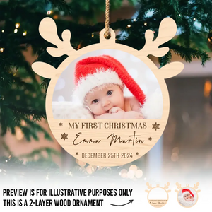 Custom Photo Our Little Reindeer Is Ready For Their First Sleigh Ride! - Family Personalized Custom Shaped 2 Layered Wood Christmas Ornament - Christmas Gift For Baby Kids, Newborn Baby