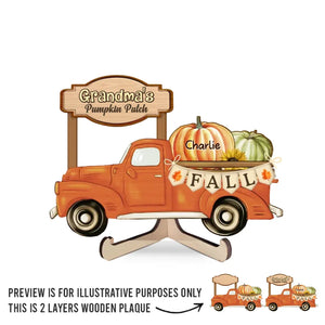 Grandma's Truck, Full Of Pumpkins And Love - Family Personalized Custom 2-Layered Wooden Plaque With Stand - Gift For Mom, Grandma