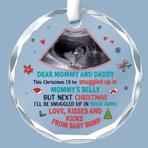 Custom Photo This Christmas I'll Be Snuggled In Mommy's Belly - Family Personalized Custom Circle Glass Ornament - Christmas Gift For Baby Kids, Newborn Baby