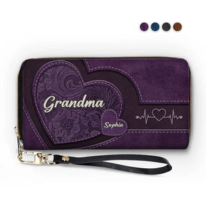 Hold My Hand, Hold My Heart - Family Personalized Custom Leather Long Wallet - Mother's Day, Gift For Mom, Grandma