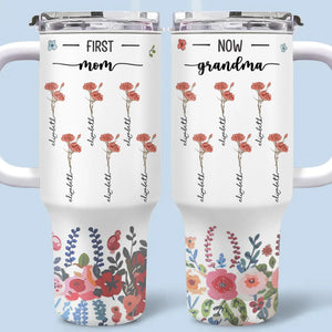 Three Generations, Blooming Together - Family Personalized Custom 40 Oz Stainless Steel Tumbler With Handle - Gift For Mom, Grandma